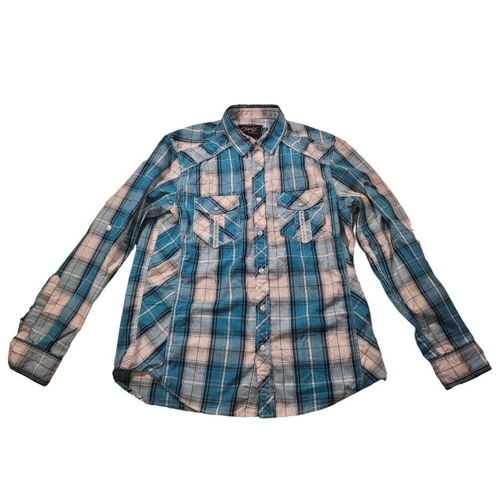 Chalc Button Up Shirt Men Sz L Blue Plaid Pearl Western‎ Everyday